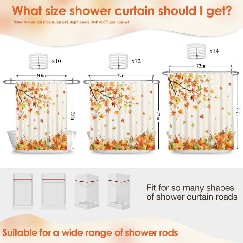 Fall Leaves Shower Curtain Farmhouse Autumn Maple Leaves Pumpkin Bathtub Curtains for Bathroom Waterproof Fabric with 10 Hooks, 60x72 Inch - Image 2