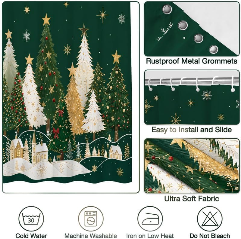 Green Christmas Shower Curtain, 72x78 Inch Waterproof Fabric - Image 4