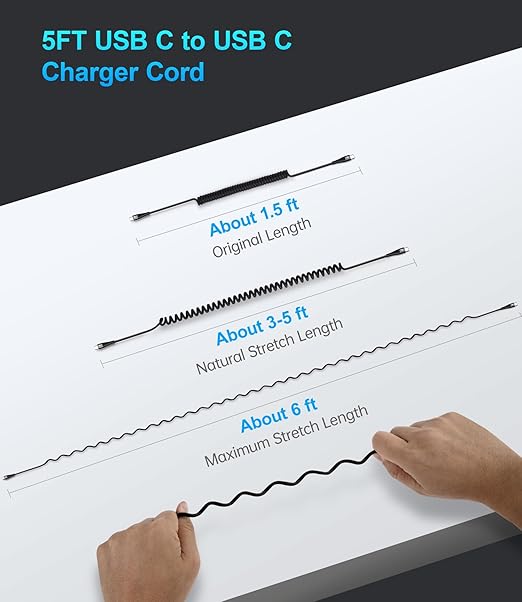 Coiled USB C to C Cable for Car 5FT, USB Type C Charger Cable 100W Short USBC - Image 6
