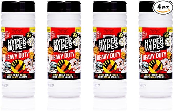 Hyper Wipes, 4 Pack Heavy Duty Hand & Tool Cleaning Wipes, Degreasing, All by JuniperCLEAN