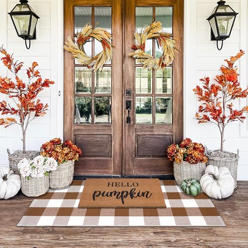 Homydecor Buffalo Plaid Outdoor Rugs, 24'' x 51'' Coffe and White Checkered Area Rug, Layering Rug for Hello/Welcome Door Mat, Washable Cotton Woven Farmhouse Mat for Front Porch Décor - Image 2
