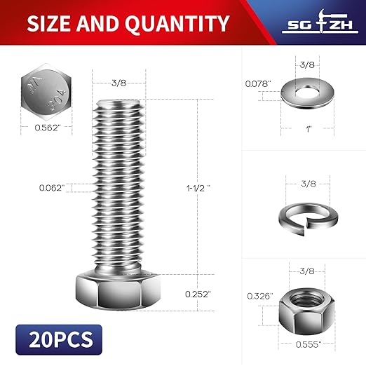 3/8-16 x 1-1/2" Hex Head Screw Bolt, Flat & Lock Washers, Fully Threaded - Image 2