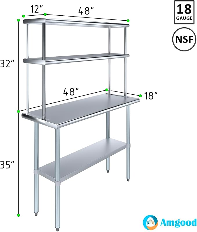 Amgood Stainless Steel Work Table Double Tier Overshelf 18" x 48" Work Table + - Image 3