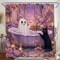 Long Shower Curtain 72x78 Inch Pink Halloween Shower Curtain Funny Ghost Flowers Cat Bathtub Curtains for Bathroom Cute Halloween Home Decor with 14 Hooks by Duluxykl