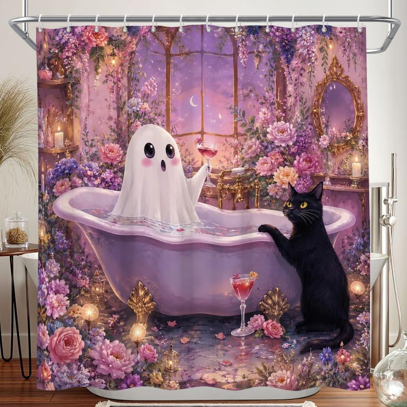 Long Shower Curtain 72x78 Inch Pink Halloween Shower Curtain Funny Ghost Flowers Cat Bathtub Curtains for Bathroom Cute Halloween Home Decor with 14 Hooks by Duluxykl