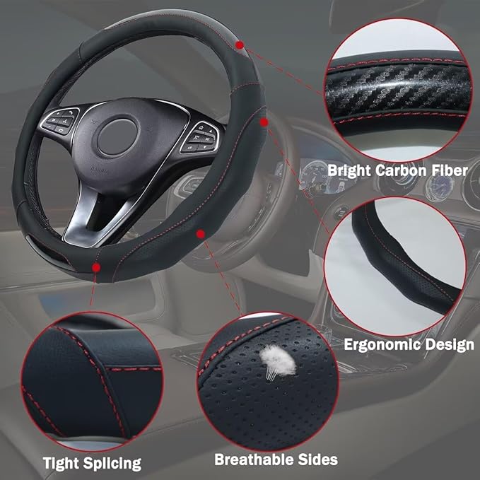 Car Steering Wheel Cover with Cup Coasters, Universal 15 inch Leather Carbon - Image 4