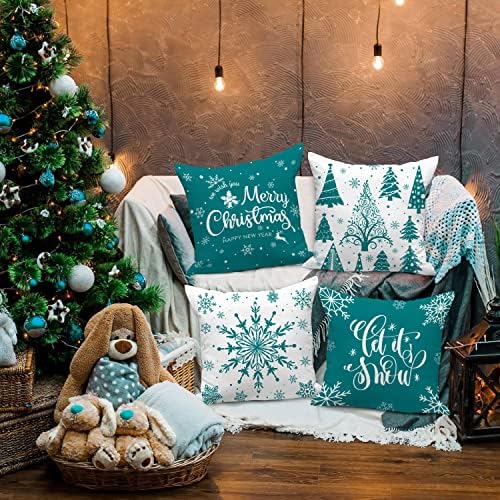 Lanpn Christmas Throw Pillow Covers 22x22 Set of 4, Merry Christmas Winter Xmas Snowflake Decorative Holiday Cushion Pillow Cases 22 x 22 for Outdoor Indoor Farmhouse Home Room Couch Decor (Teal) - Image 2