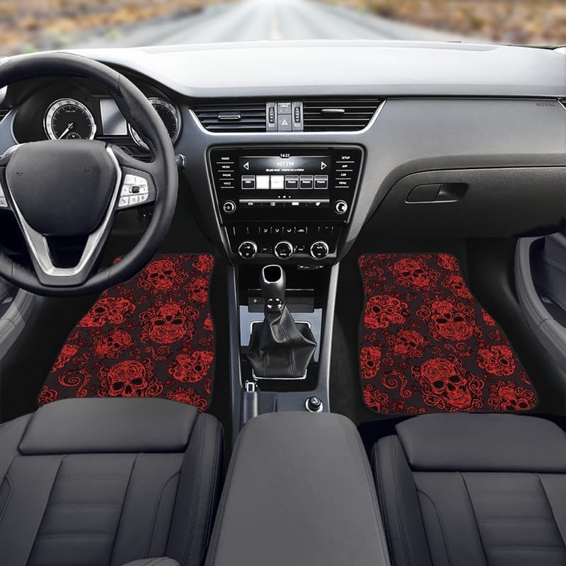 Gothic Skull Print Car Carpet Floor Mat Rubber Heel Pad 4PC for Cars Trucks SUV Protection - Driver Seat, Black Red Skeleton Passenger Seat and Rear Floor Mats