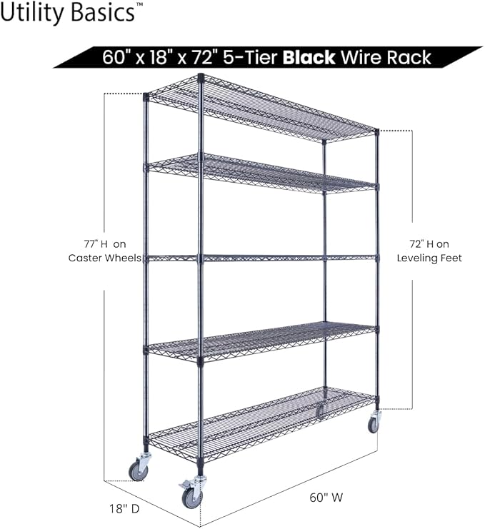 60"x18"x72" Black 5-Tier Premium Wire Shelving NSF 4000 LBS MAX Capacity Heavy - Image 7