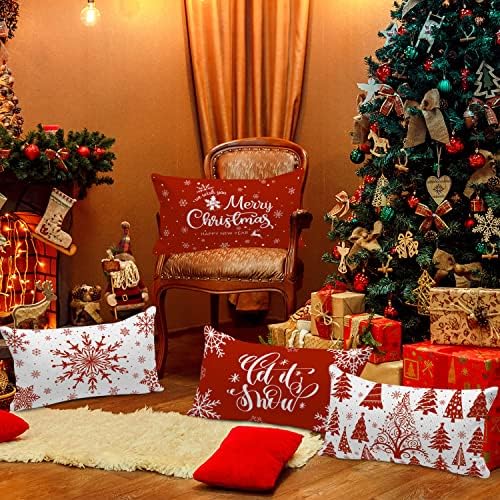 Lanpn Christmas Lumbar Throw Pillow Covers 14x24 Set of 4, Merry Christmas Winter Xmas Snowflake Decorative Holiday Cushion Pillow Cases 14 x 24 for Indoor Farmhouse Home Room Couch Decor (Red) - Image 5