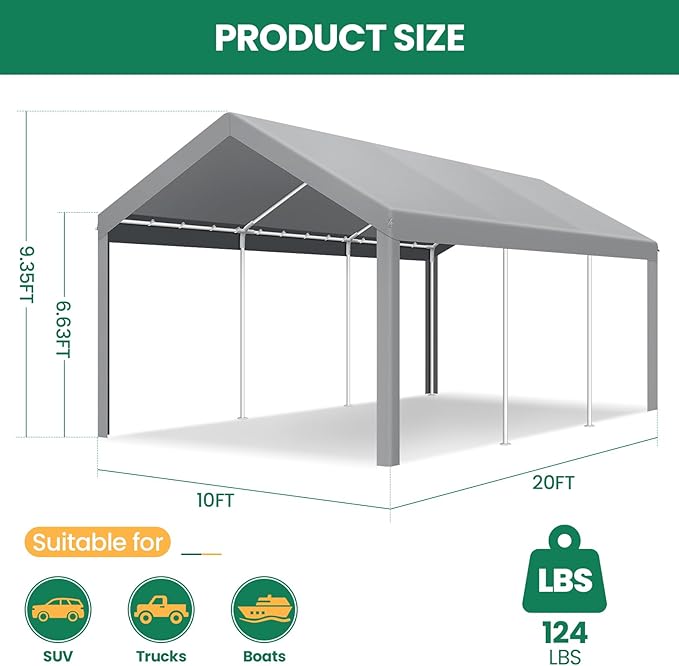 COBIZI Carports 10x20 Heavy Duty Car Tent Garage, Galvanized Frame Car Canopy - Image 4