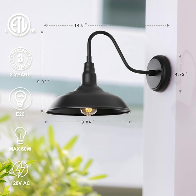 Black Gooseneck Barn Light for Farmhouse 10 Inch Dome Exterior Lights Fixture - Image 3