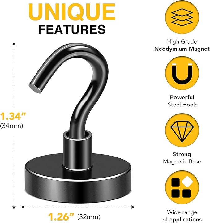 DIYMAG Black Magnetic Hooks, 118 LB Heavy Duty Strong Magnets - Image 2