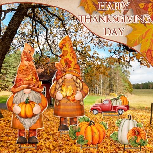 5 Pcs Fall Gnomes Yard Stake Metal Thanksgiving Garden Decor - Image 4