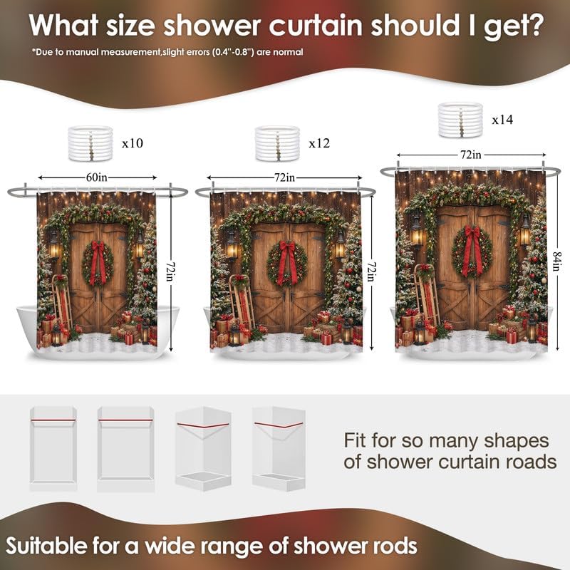 Farmhouse Christmas Shower Curtain, Winter Xmas Tree Snowflake Barn Door - Image 2
