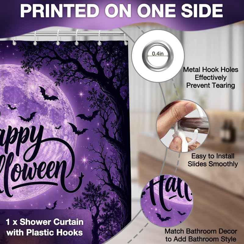Extra Long Shower Curtain 72x84 Inch Spooky Halloween Shower Curtain Full Moon Horror Forest Scary Pumpkin Bathtub Curtains for Bathroom Halloween Home Decor with 14 Hooks - Image 5