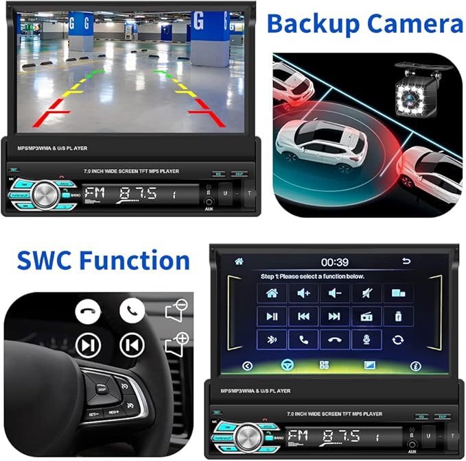 Hikity Carplay Single Din Car Stereo, 7 Inch Flip Out Touch Screen Car Radio - Image 5