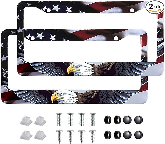 2Pack Universal Flag and Eagle License Plate Frame -Rustproof Aluminum Matte by Unknown