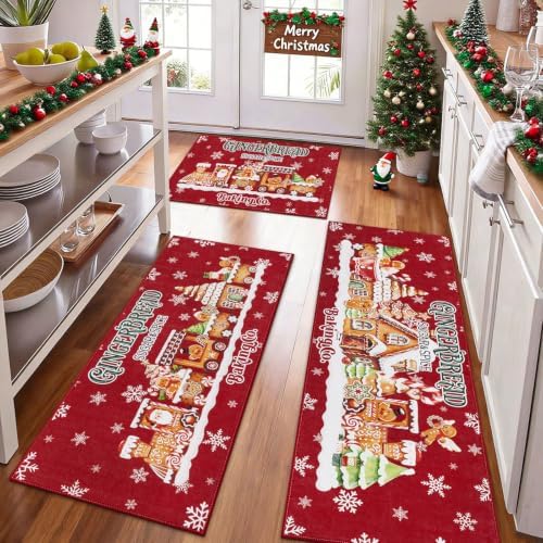 U'Artlines Christmas Kitchen Rugs and Mats Set of 3, Gingerbread Snowflake by UArtlines