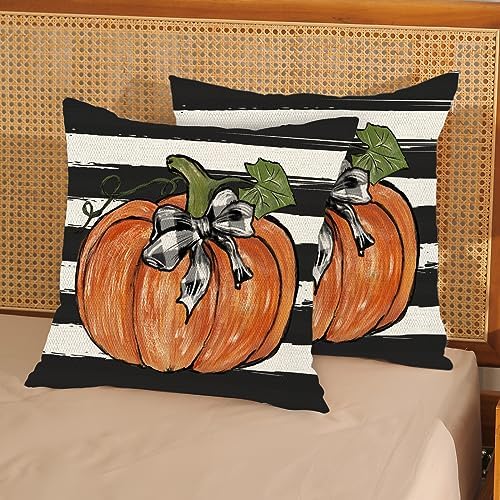 Fall Pillow Covers 20x20 Set of 2 Pumpkin Maple Leaves and Stripes Fall Decor Pillowcase Linen Autumn Thanksgiving Decorative Outdoor Throw Pillow Covers Farmhouse Cushion Case for Couch Home - Image 3