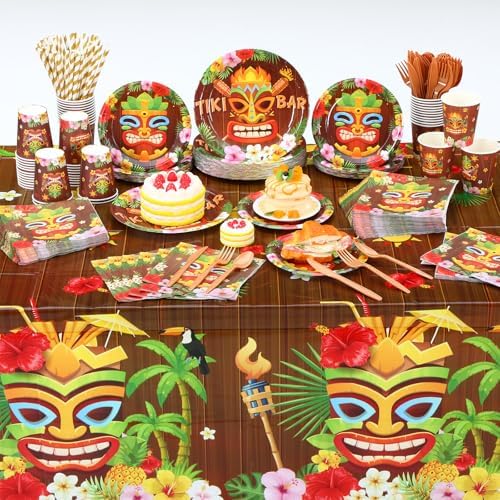 Funnymoom 452 Pcs Hawaiian Tiki Party Decorations Include Tiki Paper Plates Napkins Cups Tablecloth Cutlery Straws Hawaii Luau Party Supplies for Tropical Birthday Party Decorations - Image 6