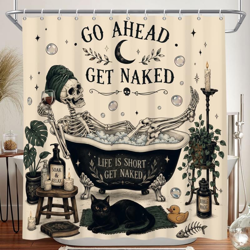 Halloween Shower Curtain Funny Skull Gothic Skeleton Fun Bubble Bath Unique Cool Bone in Bathtub Curtains, Retro Scary Bathrrom Decor, 72x72 inch, Waterproof Fabric with 12 Hooks by Duluxykl