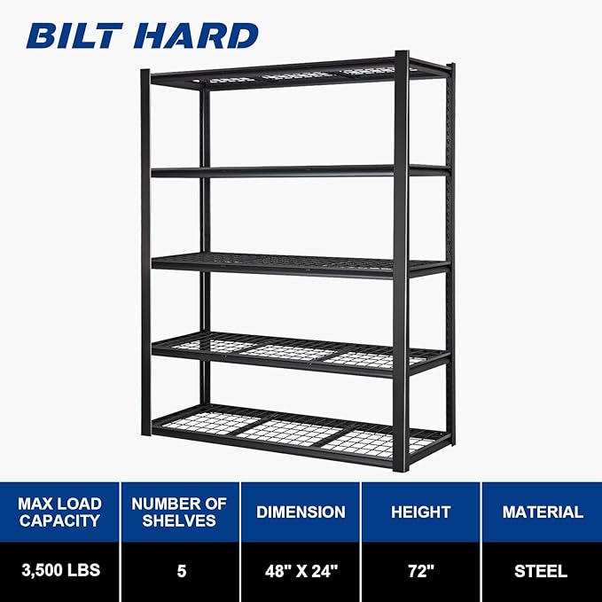BILT HARD 48" W x 24" D Garage Shelving 3500 LBS, Industrial 5-Tier Heavy Duty - Image 2