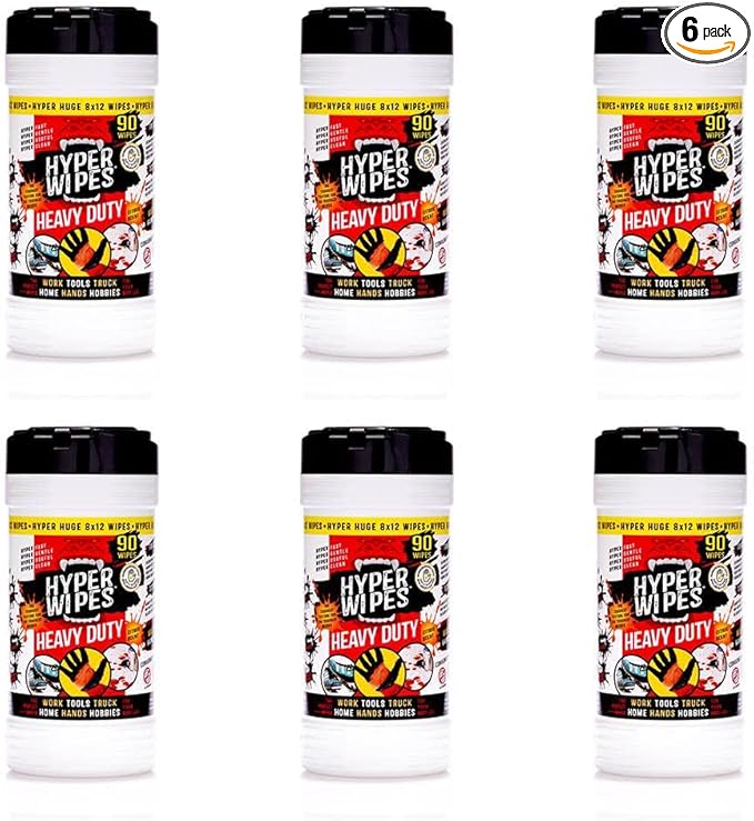 Hyper Wipes, 6 Pack Heavy Duty Hand & Tool Cleaning Wipes, Degreasing, All by JuniperCLEAN