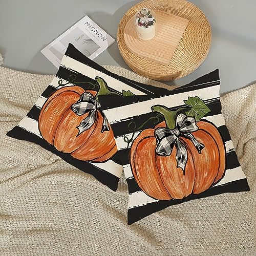 Fall Pillow Covers 18x18 Set of 2 Pumpkin Maple Leaves and Stripes Fall Decor Pillowcase Linen Autumn Thanksgiving Decorative Outdoor Throw Pillow Covers Farmhouse Cushion Case for Couch Home - Image 6