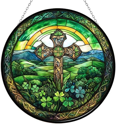 Irish Cross Stained Glass Sun Catcher, Wall Hanging Colored Decor Room Indoor Window Decor, Halloween, Christmas Hanging Ornament Mother Day by 365CUSGIFTS