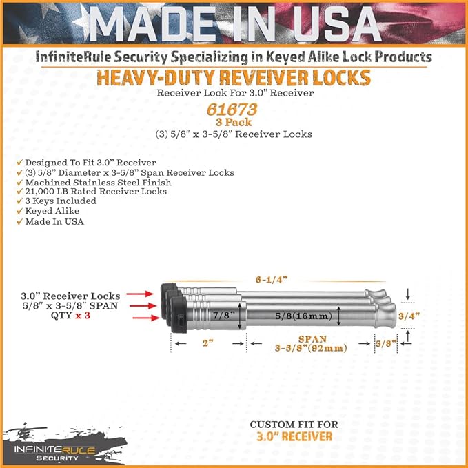 61673 | 3 Pack, Keyed Alike, Receiver Locks - Image 3