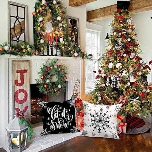 Lanpn Christmas Throw Pillow Covers 22x22 4 pcs, Black White Merry Christmas Xmas Winter Snowflake Decorative Holiday Cushion Pillow Cases 22 x 22 Indoor Farmhouse Home Room Couch Sofa Decor - Image 3