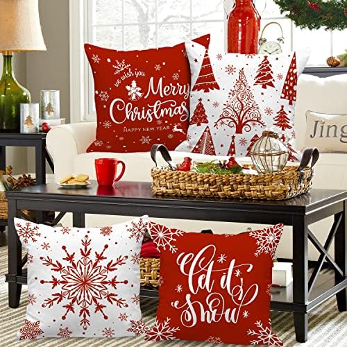 Lanpn Christmas Throw Pillow Covers 22x22 Set of 4, Merry Christmas Winter Xmas Snowflake Decorative Holiday Cushion Pillow Cases 22 x 22 for Outdoor Indoor Farmhouse Home Room Couch Decor (Red) - Image 2