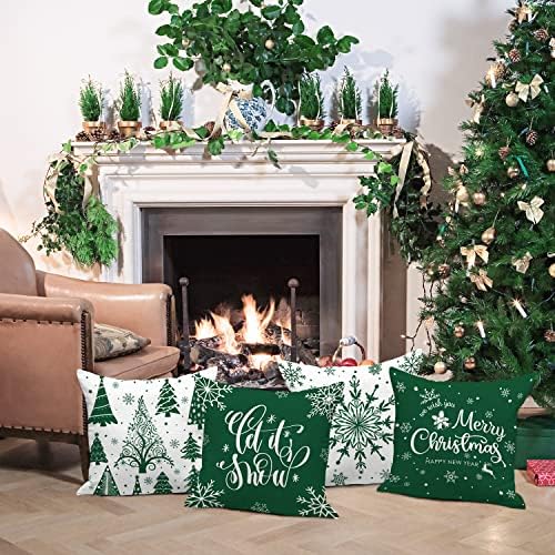 Lanpn Christmas Throw Pillow Covers 18x18 Set of 4, Merry Christmas Winter Xmas Snowflake Decorative Holiday Cushion Pillow Cases 18 x 18 for Outdoor Indoor Farmhouse Home Room Couch Decor (Green) - Image 2