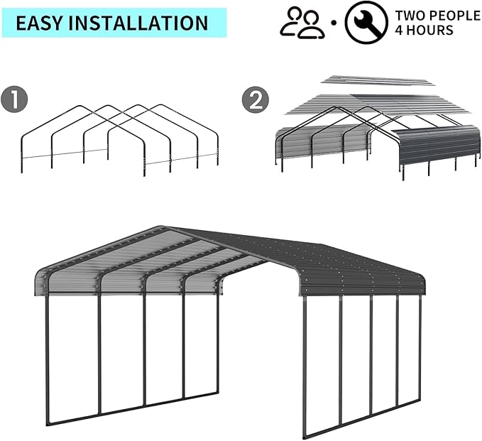 12x20 FT Metal Carport, Heavy Duty Car Port Canopy - Image 7