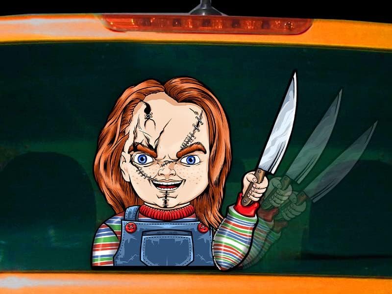 Killer Doll waving a Knife WiperTags with decal attaches to rear vehicle wiper for horror fans or Halloween - MADE IN USA