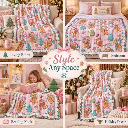 Christmas Gingerbread Blanket 60x80in Pink Striped Holiday Throw - Image 5