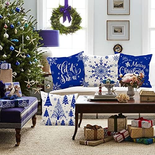Lanpn Christmas Throw Pillow Covers 18x18 Set of 4, Merry Christmas Winter Xmas Snowflake Decorative Holiday Cushion Pillow Cases 18 x 18 for Outdoor Indoor Farmhouse Home Room Couch Decor (Blue) - Image 2