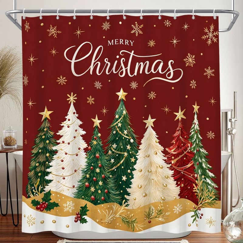 Red Christmas Shower Curtain for Bathroom, 72x84 Inch Waterproof Fabric by Duluxykl
