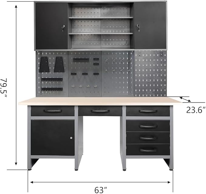 JZD Metal Storage Organization System, Wall Mount Tool Cabinet, Wood Tabletop - Image 2