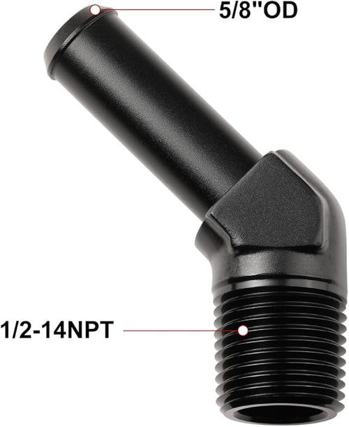 1/2 NPT Male to 5/8" Hose Barb Fitting Adapter 45 Degree Elbow Aluminum Black - Image 2