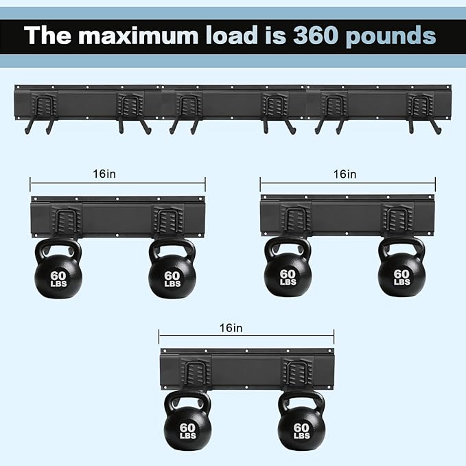 Garage Tool Organizer Wall Mount 16in- 2 Heavy Duty Hooks, 120lbs Capacity - Image 7