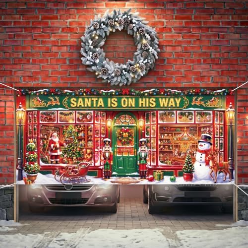 Preboun Christmas Santa Shop Garage Door Cover 7x16 Garage Door Decorations - Image 4