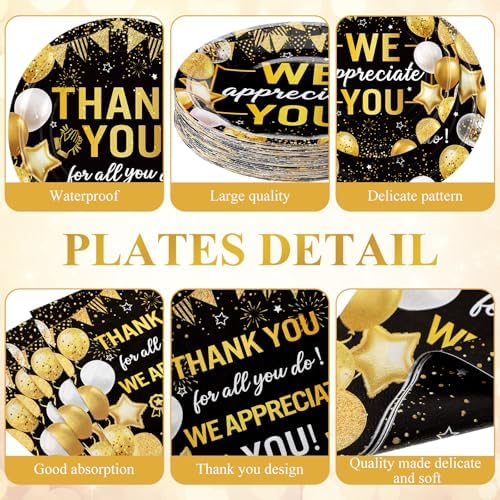 Funnymoom 452 Pcs Black Gold We Appreciate You Decoration for 50, Thank You Paper Plates Napkins Cups Tablecloth Set for Administrative Professional Day Employee Teacher Volunteer Appreciation Supply - Image 3