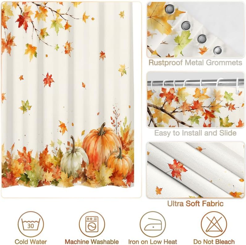 Long Shower Curtain 72x78 Inch Fall Leaves Shower Curtain Farmhouse Autumn Maple Leaves Pumpkin Bathtub Curtains for Bathroom Waterproof Fabric with 14 Hooks - Image 4