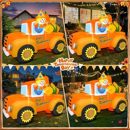 6FT Thanksgiving Inflatables Outdoor Decoration Inflatable Car with Scarecrow, Built in LED Lights Blow Up Yard Decorations for Fall Holiday Party Garden Lawn Décor - Image 2