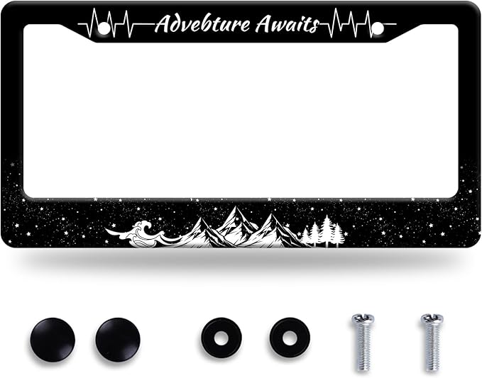 Advebture Awaits License Plate Frame Mountain Waves Forest License Plate by GORSNKYE