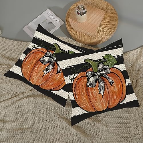 Fall Pillow Covers 16x16 Set of 2 Pumpkin Maple Leaves and Stripes Fall Decor Pillowcase Linen Autumn Thanksgiving Decorative Outdoor Throw Pillow Covers Farmhouse Cushion Case for Couch Home - Image 6