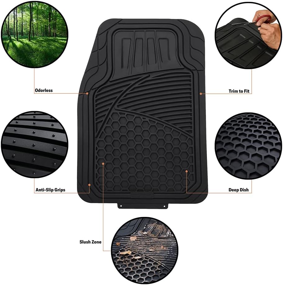 Amazon Basics Heavy Duty Thick PVC Car Floor Mats, Anti-Slip, Easy to Clean, Universal Trim-to-Fit All-Weather for Automotive SUV Sedans Trucks, 4-Piece, Solid Black