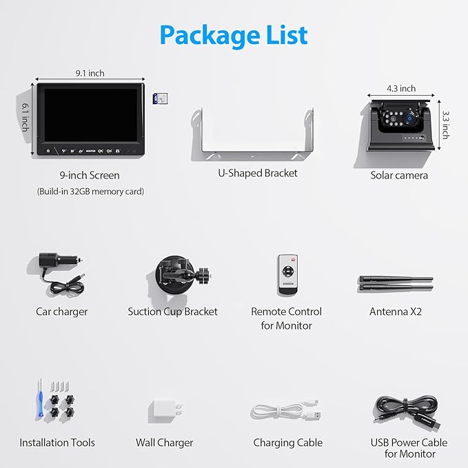 9 Inch Magnetic Solar Wireless Backup Camera System, 9600mAh Solar Rechargeable - Image 8